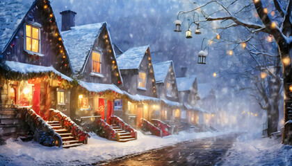 Cute houses beautifully decorated with Christmas garlands in a snow - covered on digital art concept, Generative AI. - 781449593