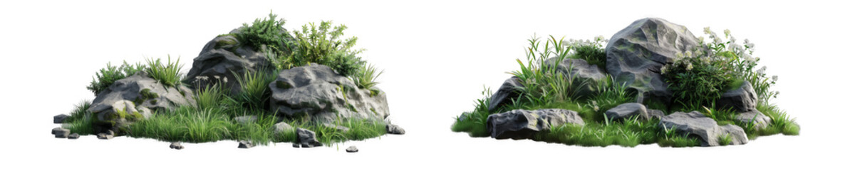 Artificial terrain showcasing small rocky hill with lush green plants, designed for realistic ecosystems on transparent background