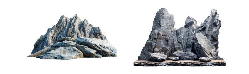 Twin 3D renderings of intricate rock formations with detailed textures on a see-through backdrop on transparent background - obrazy, fototapety, plakaty