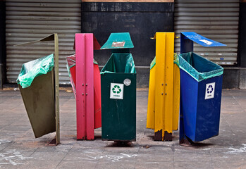 Trash can recycle on pedestrian street in Ribeirao Preto, Sao Paulo, Brazil. Vidro = Glass, Papel = Paper.