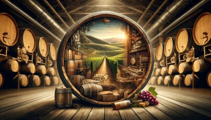 Wine Cellar Portal to Vineyard Landscape - obrazy, fototapety, plakaty