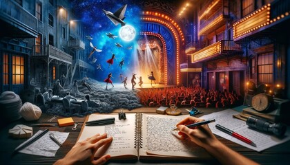 Theater Stage of Cosmic Play Blending Fantasy and Reality - obrazy, fototapety, plakaty