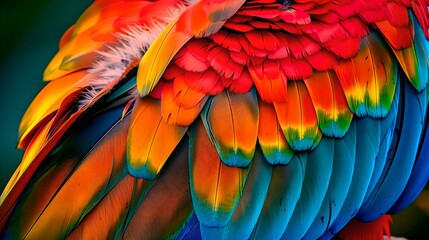 Vibrant Parrot Feather Close-Up, Colorful Detail Nature Shot. Perfect for Backgrounds. Exotic Bird Texture. AI
