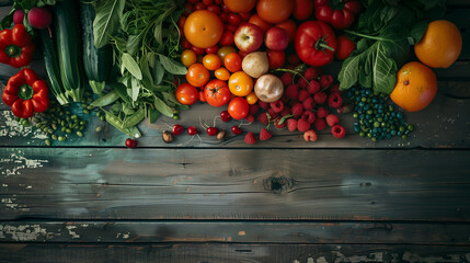 a colorful assortment of fresh fruits and vegetables, meticulously arranged in a gradient from reds to greens, on an aged rustic wooden table, Generative AI