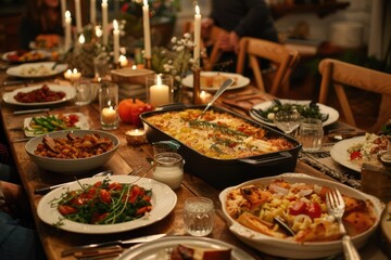 Fototapeta premium family dinner, table setting, unrecognizable people. ai generated
