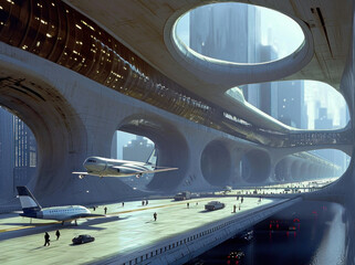 Futuristic cityscape with airplane flying over bridge and people walking on street in modern urban environment