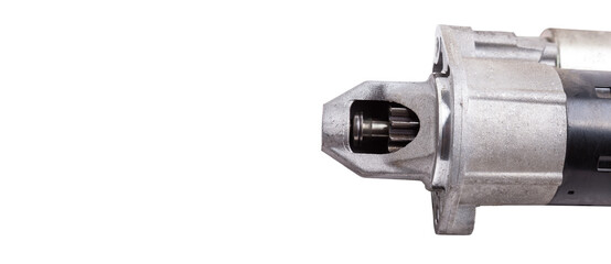 Starter of an internal combustion engine New Spare part for car on a white background. Spare parts...