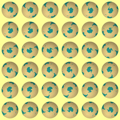 Collection of earth globes. South pole sphere view. Rotation step 10 degrees. Solid color style. World map with graticule lines on yellowish background. Enchanting vector illustration.