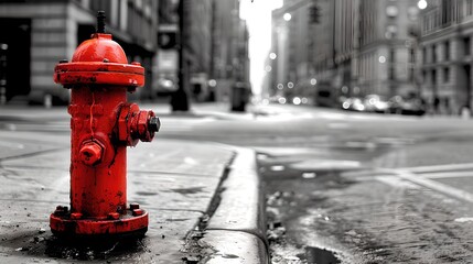 Fototapeta na wymiar Red Fire Hydrant Stands Out on a Monochromatic City Street. Urban Safety and Color Contrast Concept. Selective Coloring Technique. AI