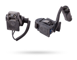 Sale of spare parts during auto-analysis or car repair after an accident and breakdown in service on a white isolated background in a photo studio - a pair of windshield washer nozzles.