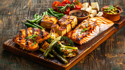 A beautifully arranged platter of lean proteins, including grilled chicken, salmon, and tofu, alongside a variety of steamed vegetables, on a rustic wooden board, Generative AI