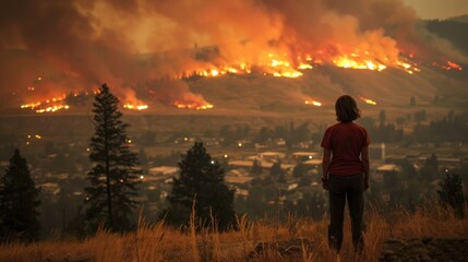 Woman Observing Wildfire Near Residential Area at Dusk - obrazy, fototapety, plakaty