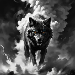 Black Wolf against the background of a cloud of smoke