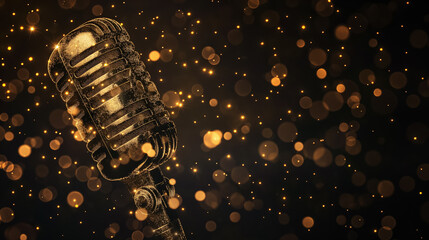 Retro Microphone with Glittering Golden Surface on Dark Bokeh Lights Background - obrazy, fototapety, plakaty
