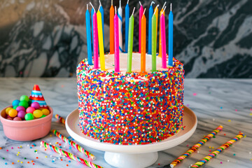 Celebration birthday cake with colorful sprinkles and colorful birthday candles - 781451161