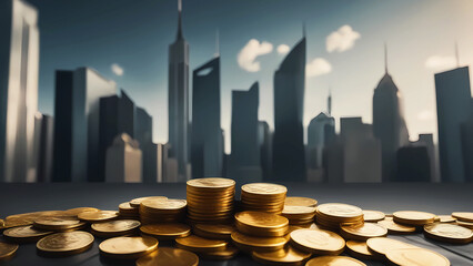 Gold coins on the table against a blurred background of skyscrapers