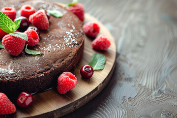 Tasty homemade chocolate cake with berries on dark background - 781451180