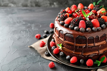 Tasty homemade chocolate cake with berries on dark background - 781451195