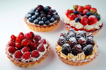 Differents Berry tartlets with curd cream. Delicious pastries - obrazy, fototapety, plakaty