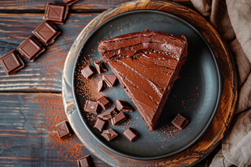 Tasty homemade slice chocolate cake on dark background. Top view