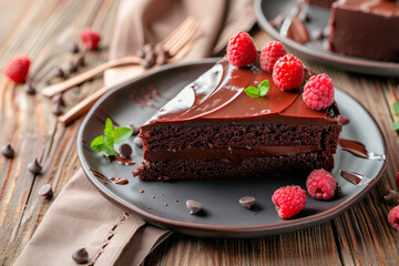Tasty homemade slice chocolate cake with berries on dark background - 781451331