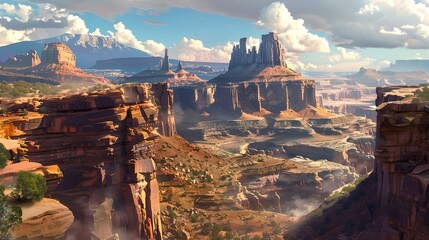 Breathtaking canyon landscape under a clear sky. Vast rocky formations. Ideal for adventure themes and nature backgrounds. AI - obrazy, fototapety, plakaty