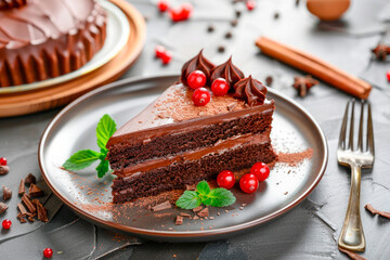 Tasty homemade slice chocolate cake with berries on dark background - 781451390