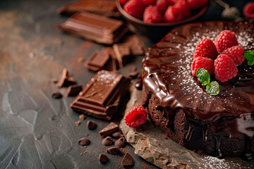 Tasty homemade chocolate cake with berries on dark background - 781451395
