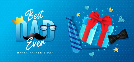 Happy Fathers Day, Best Dad Ever promotion banner with gift box. Father's Day poster with realistic 3D gift box, necktie and bow tie on blue background. Vector illustration