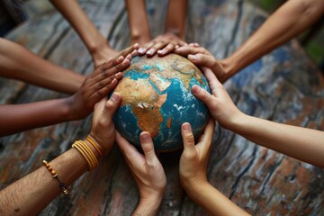 Hands of globe, Hands of different races and ethnicities reaching out for a shared globe, Ai generated