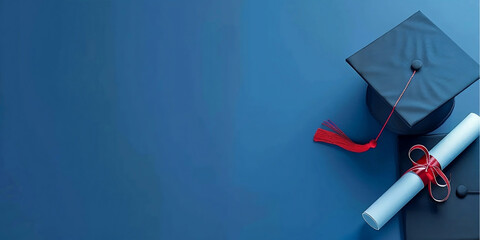 Graduation cap and diploma mortar hat and degree on  background with copy space. blue background blue web banner.