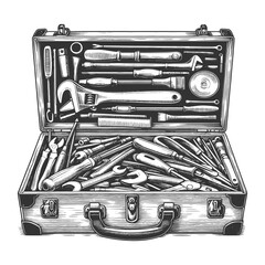 Toolbox mechanics open suitcase filled with various hand tools sketch engraving generative ai fictional character vector illustration. Scratch board imitation. Black and white image.