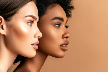 Two women with different skin tones stand side by side, one with a lighter complexion and the other with a darker complexion. Concept of diversity and inclusivity