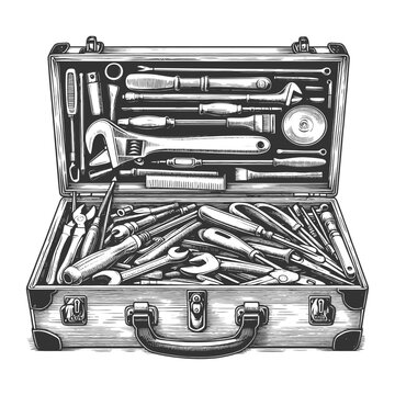 Toolbox mechanics open suitcase filled with various hand tools sketch engraving generative ai fictional character vector illustration. Scratch board imitation. Black and white image.