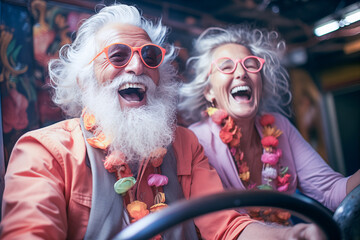 Obraz premium Retired elderly couple laughing together enjoying a fun time