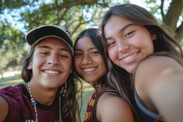 Three smiling Native American friends taking a selfie in a park