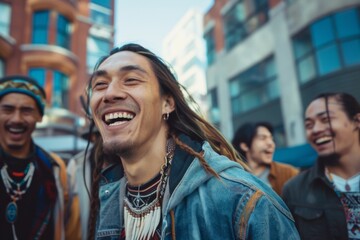 Young Native American having fun in the city with his friends - obrazy, fototapety, plakaty
