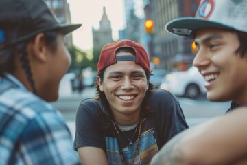 Three young Native American friends having fun in the city