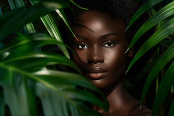 A woman with dark hair and brown eyes is standing in front of a green leafy plant. She has a natural, relaxed look on her face