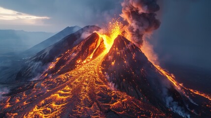 Twilight Eruption of a Fiery Volcano - obrazy, fototapety, plakaty