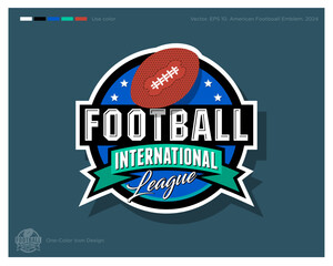 American Football logo. Football emblem. Ball in the circle with ribbon and stars. Identity and app icon.