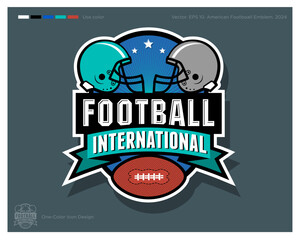 American Football logo. Football emblem. Ball and helmets in the circle with ribbon and stars. Identity and app icon.