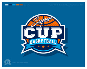 Basketball Cup logo. Basketball emblem. Ball in the circle with ribbon and stars. Identity and app icon.
