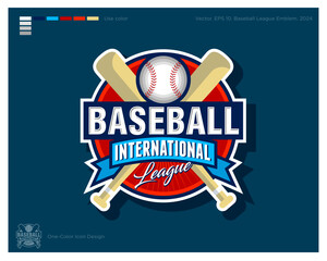 Baseball logo. Baseball bats and ball with ribbons. International League of Baseball Emblem. Identity and app icon.