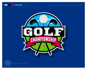 Golf logo. Golf ball and golf clubs in a circle badge with ribbons. Championship of Golf Emblem. Identity and app icon.