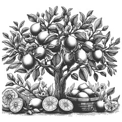 lemon tree with detailed cross-sections of the ripe fruit amidst lush leaves sketch engraving generative ai vector illustration. Scratch board imitation. Black and white image. - obrazy, fototapety, plakaty