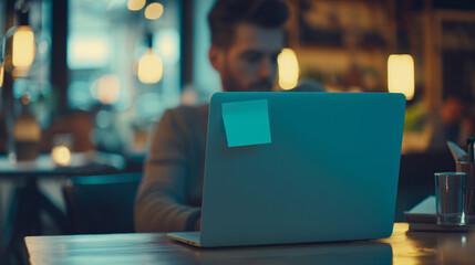 A man sits at a table in a cafe using his laptop