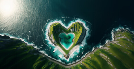 Aerial view captures a heart-shaped island nestled in crystal-clear turquoise waters