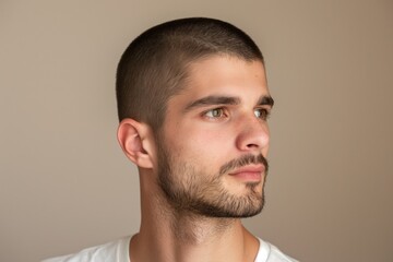 Obraz premium Close-up of a young man with a crew cut hairstyle looking to the side against a neutral background