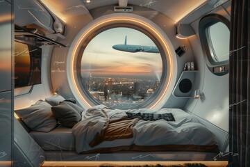 Spaceship Hotel Interior with Panoramic Window Futuristic Capsule Hostel Bedroom, Copy Space - obrazy, fototapety, plakaty